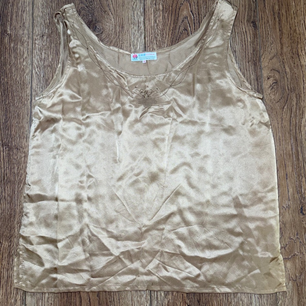 Peony Vintage 100% Silk Hand Embroidered Tank Top Gold Satin Blouse Size 36